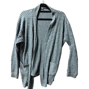 Womens Blue Ribbed Knit Open Front‎ Cardigan Sweater Long Sleeve Pockets
